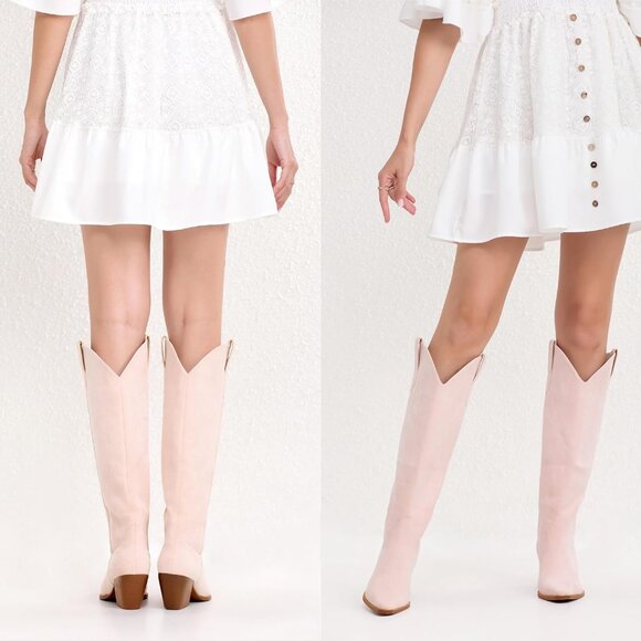 Women Pink Knee High Pointed Toe Block Heel Cowboy Western Embroidered Boots - Picture 5 of 5